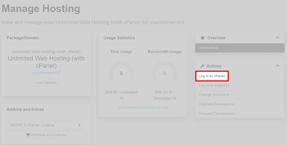 Log in to cPanel from the Client Area